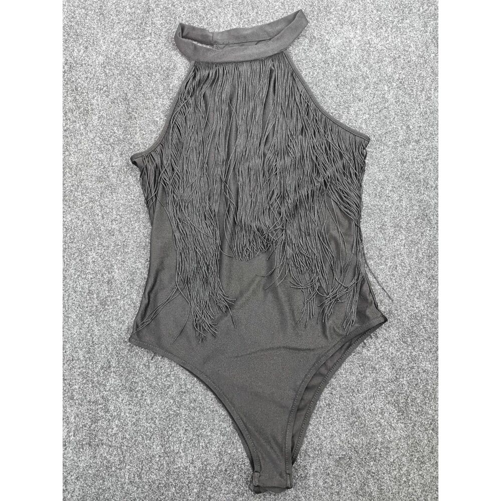 Black Fringe Halter Mock Neck Bodysuit Womens M